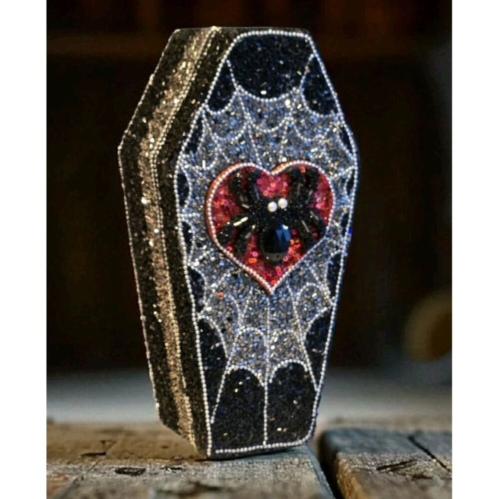 New LRG Black & Red Spider On Heart Halloween Beaded Coffin Box Storage Box